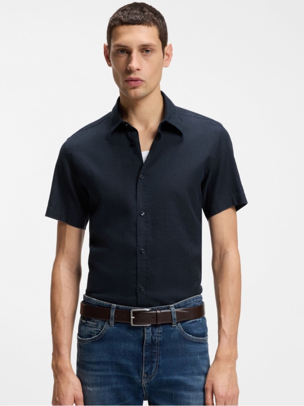 BOSS Men's 100% Linen Short Sleeve Button-Down Shirt - Dark Navy
